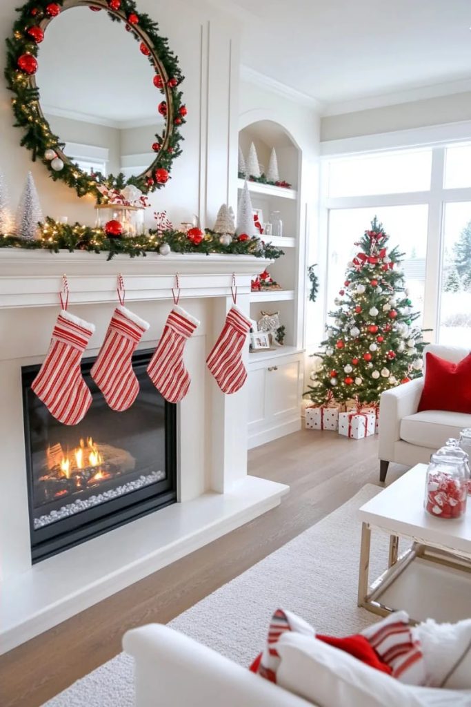 Lovely Harbor 50 red-and-white striped mantel with peppermint garland 14