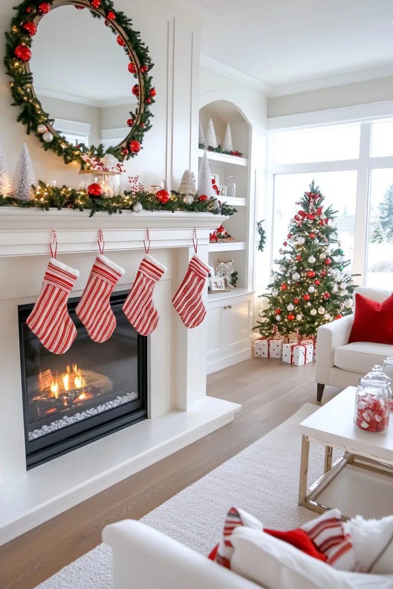 red-and-white striped mantel with peppermint garland 14