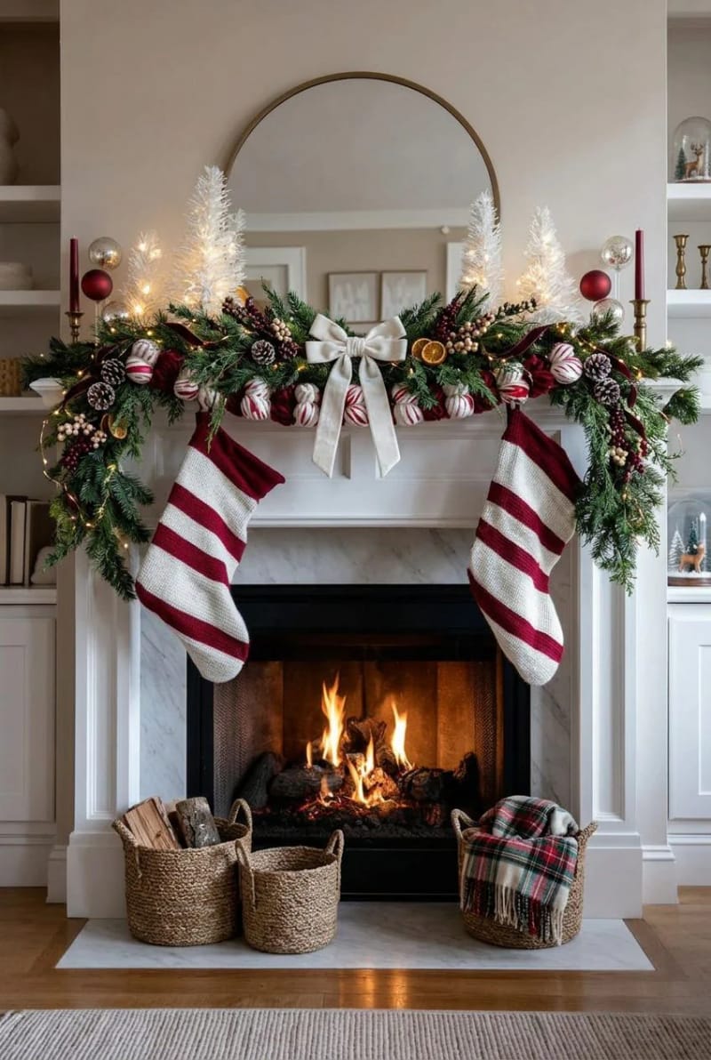 11 Whimsical Candy Cane Christmas Decorations Worth Doing Well 16 red-and-white striped mantel with peppermint garland 1