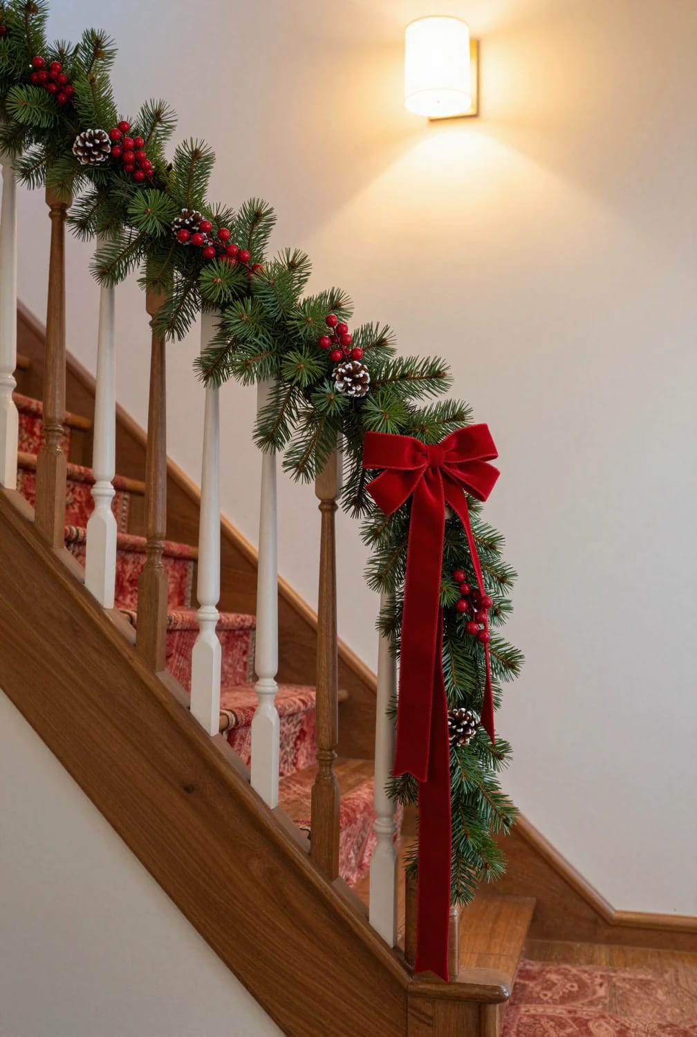 red velvet ribbon and berries for the classic banister everyone pictures 1