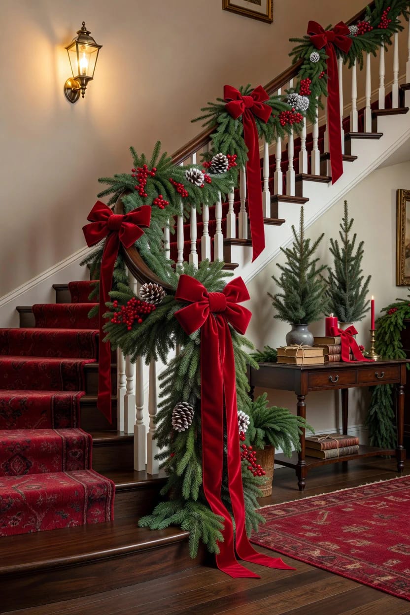 red velvet ribbon and berries for the classic banister everyone pictures 1