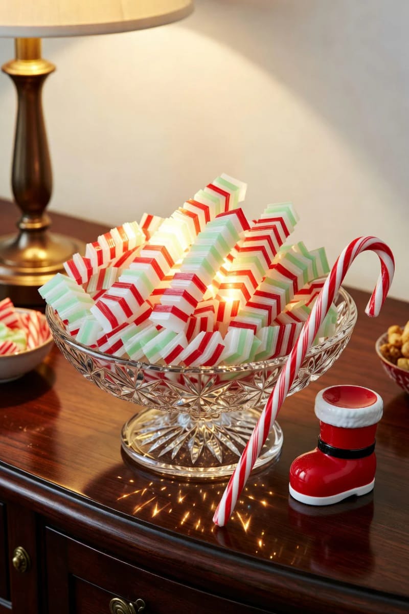 ribbon candy in a cut-glass dish by the door 1