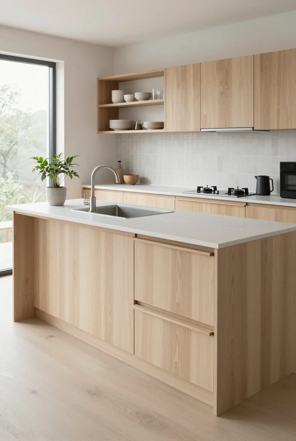 12 Japandi Kitchen Design Ideas That Survive Actual Cooking 5 routed finger pulls, not push-to-open 1