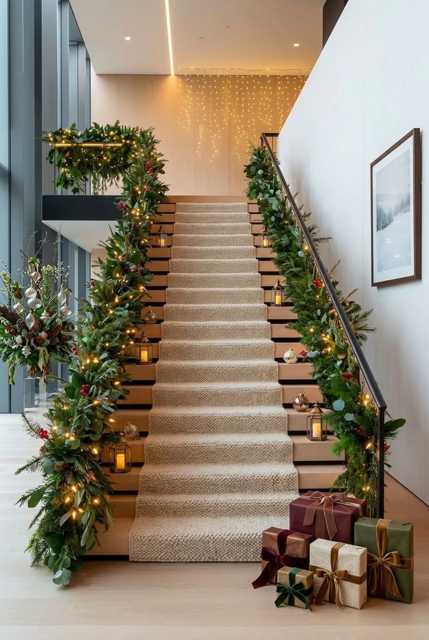 run twin garlands on an open-riser or split staircase 1