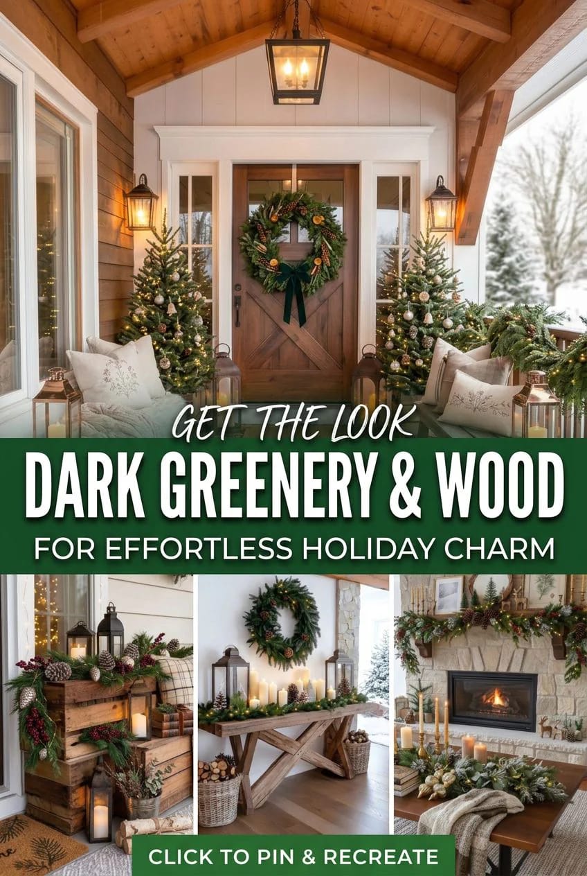 rustic christmas decor with raw wood and dark greenery 1