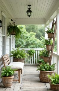 rustic porch with wooden bench, ladder planter, hanging ferns, and baskets. 21