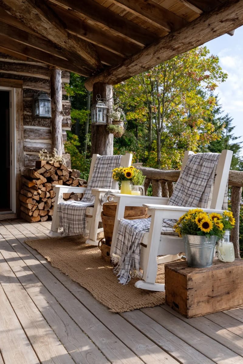 rustic wooden porch with rocking chairs, vintage lanterns, and metal flower bucket. 1