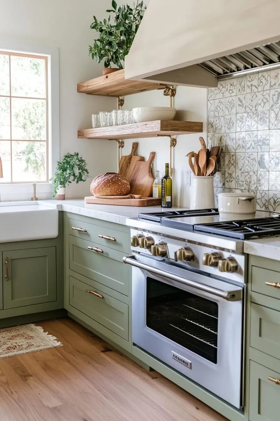 Cozy Kitchen Ideas That Actually Make You Want to Linger 8 A cozy kitchen featuring sage green cabinets, wooden open shelves with dishes and plants, a farmhouse sink, a stainless steel oven, and patterned tile backsplash, perfectly illustrating cozy kitchen ideas with timeless sage green accents.
