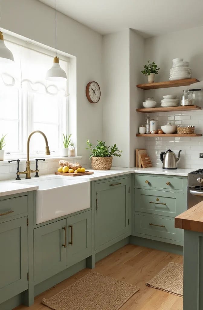 Cozy Kitchen Ideas That Actually Make You Want to Linger 9 Bright kitchen featuring sage green cabinets, white farmhouse sink, wooden open shelves with dishes, gold faucet, potted plants, and natural light, illustrating cozy kitchen ideas with a timeless color scheme.