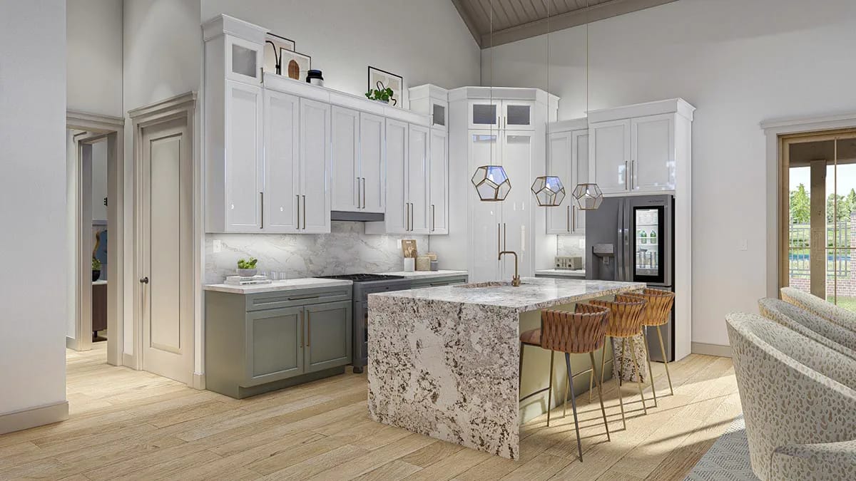 3-Bedroom Barndominium House Plan with Massive Wrap-Around Porch & Garage (2,113 Sq. Ft. Floor Plan) 6 sage lower cabinets, white uppers, and a granite waterfall island 1
