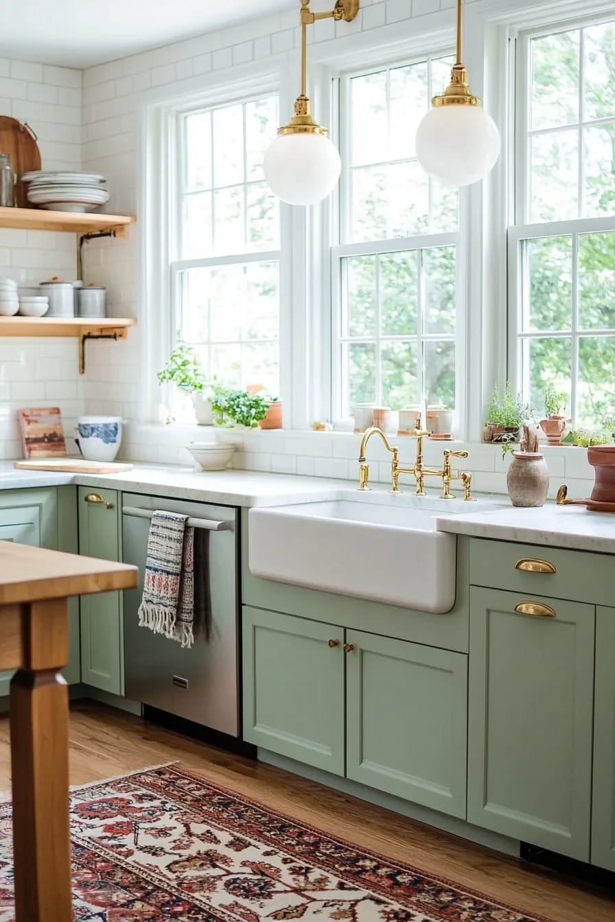 schoolhouse globes and a sconce over the sink, not a grid of downlights 1