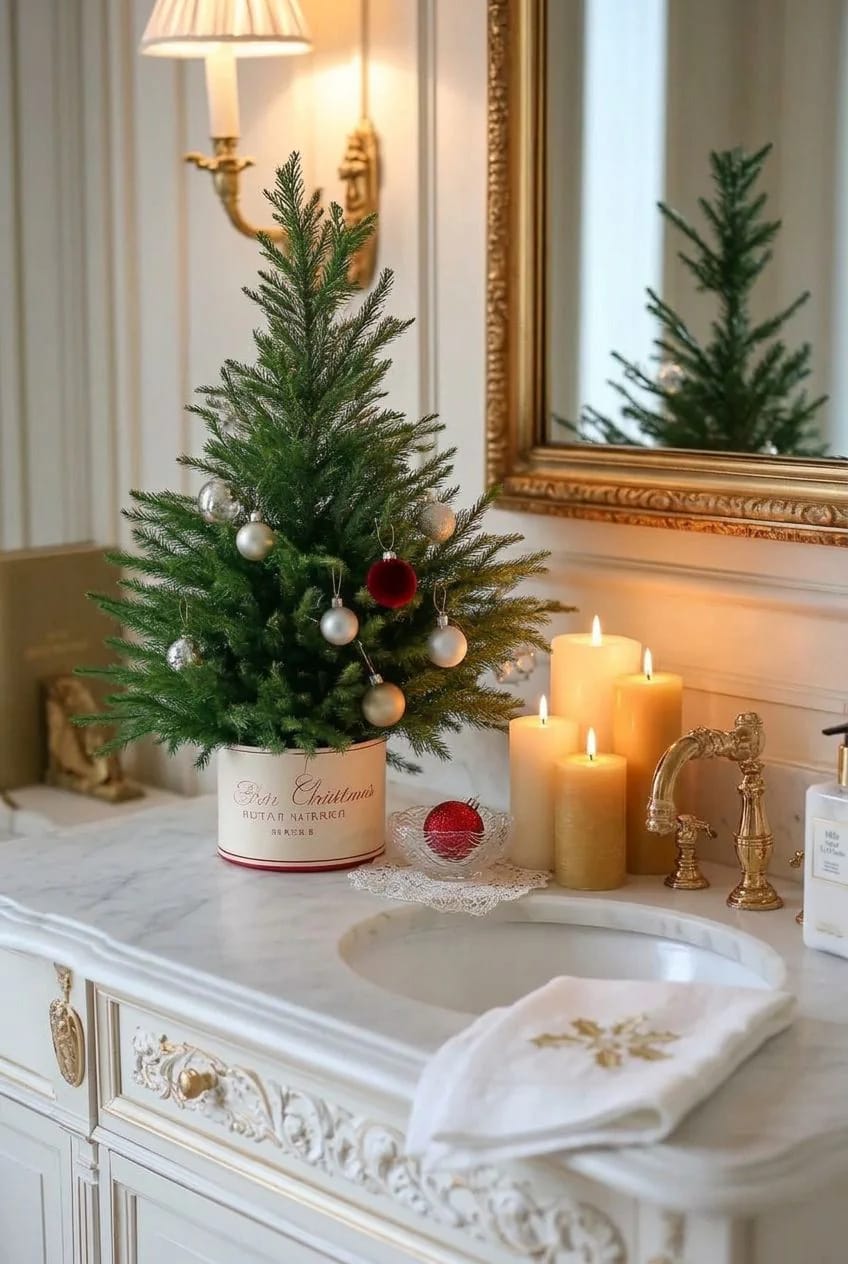 set a single small tree on the vanity and size the rest to it 1