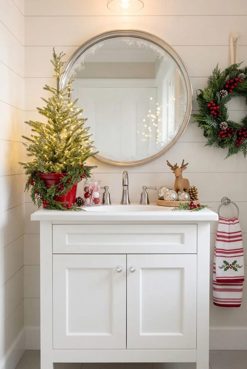 set a single small tree on the vanity and size the rest to it 1