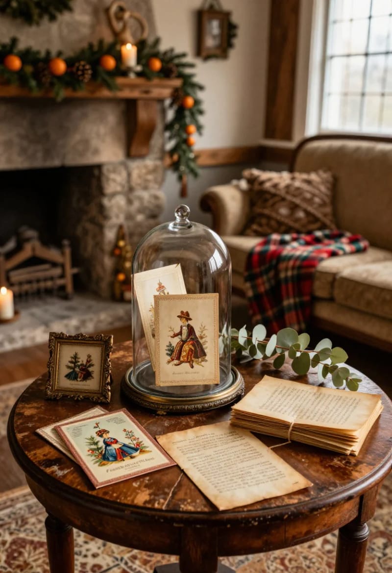 Vintage and Victorian Christmas Decorating: 11 Ideas for a Faded, Heirloom Holiday 19 show off vintage cards and sheet music under glass 1