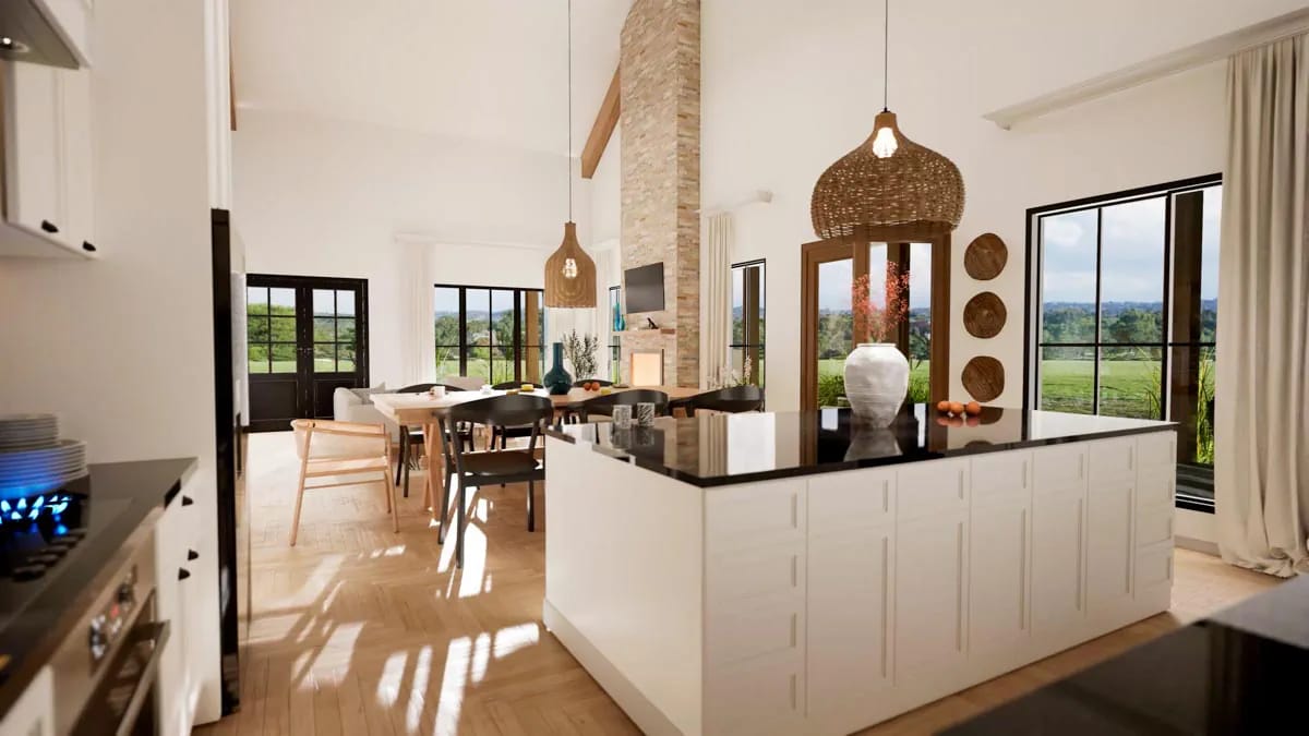 sixteen-foot ceilings and a stone chimney running the full height of the great room 1