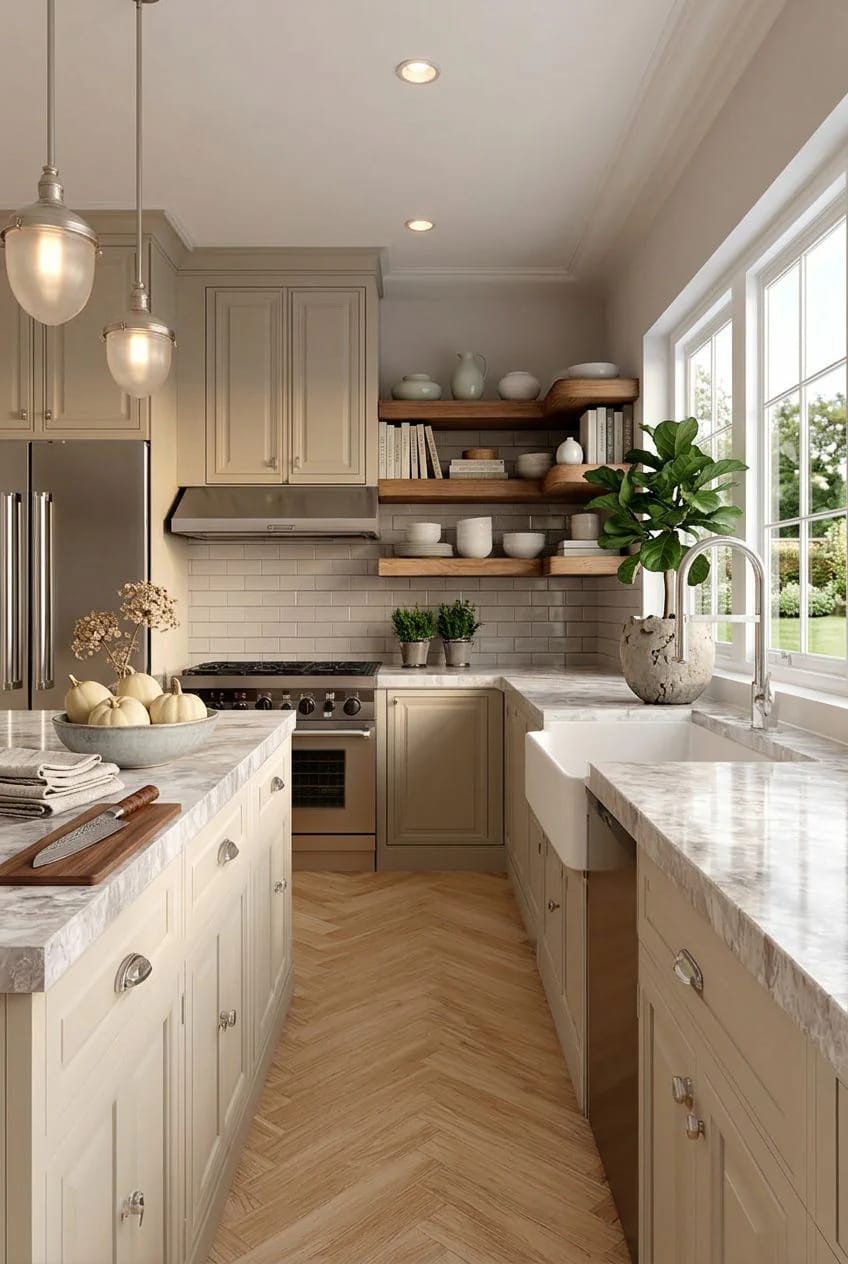 Timeless Kitchen Ideas That Still Look Right in a Decade 9 skip bright white: greige and putty cabinets read timeless longer 1