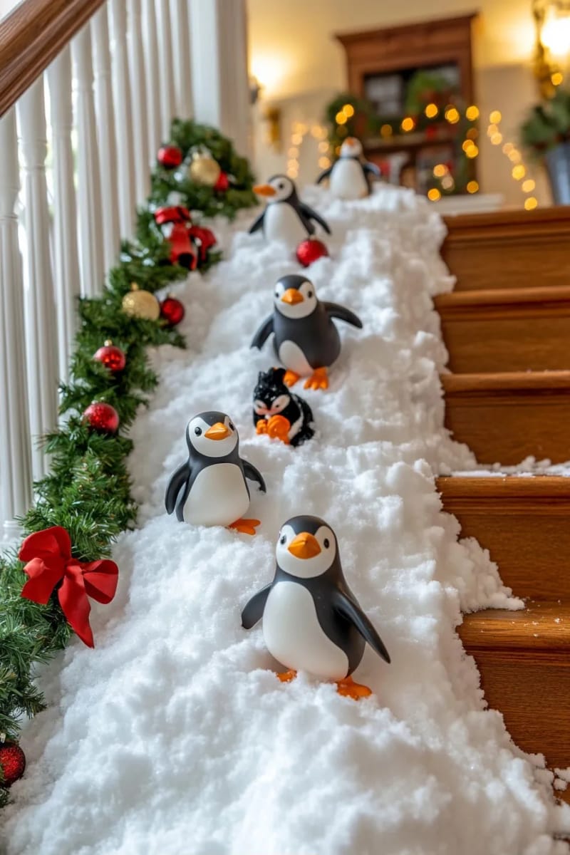 Sliding Penguins on the Banister: Christmas Staircase Ideas That Hold Up 11 skip the handrail and bury the whole staircase in snow 1