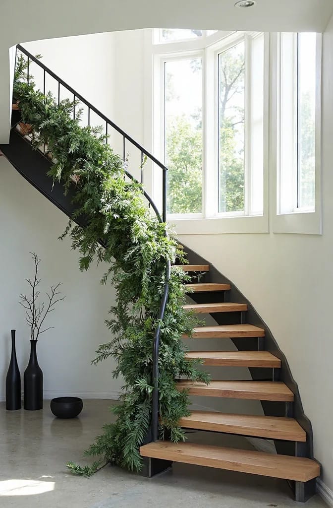 skip the lights and ribbon: a greenery-only garland for a modern staircase 1