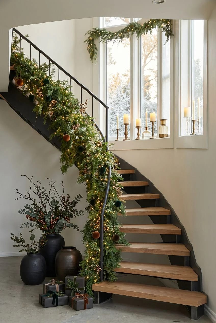 skip the lights and ribbon: a greenery-only garland for a modern staircase 1