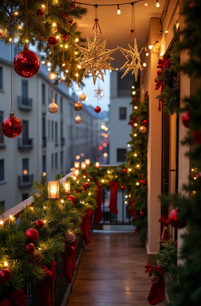 A small apartment balcony decorated for Christmas with secure garlands, red ornaments, hanging stars, string lights, and red stockings attached to the railing, illustrating festive decor ideas that withstand wind and suit lease restrictions.