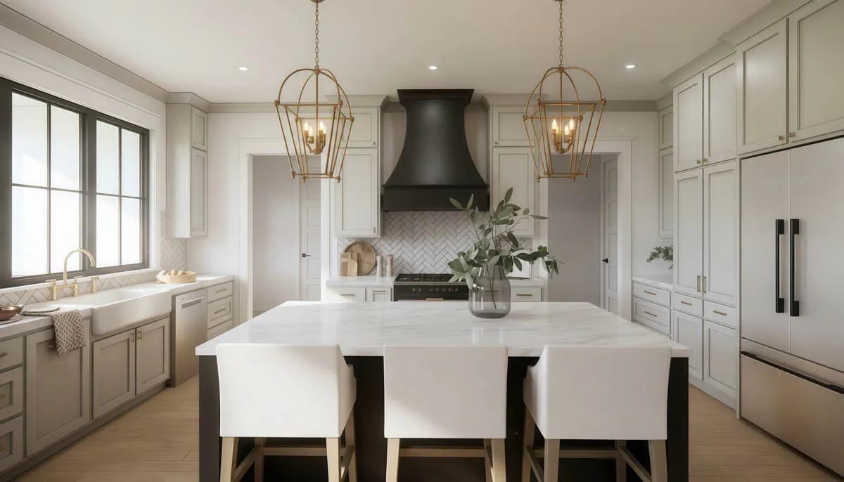 soft grey cabinetry, a marble island, and the only black object in the kitchen 1