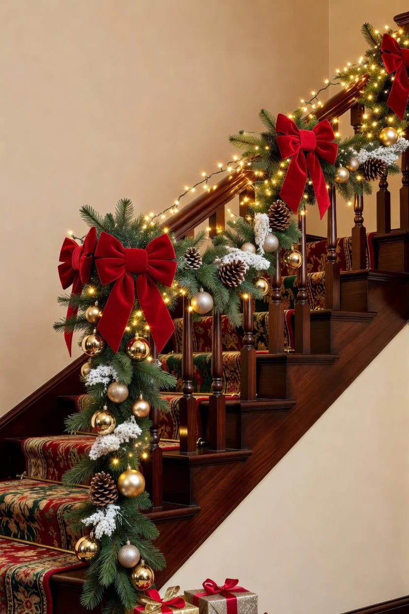 12 Christmas Garland Ideas for Staircases and Banisters That Don't Just Look Draped-On 15 Festive staircase decorated with Christmas garland featuring spaced oversized red bows, pine cones, gold ornaments, and string lights along the banister, illustrating creative Christmas garland ideas for staircases.