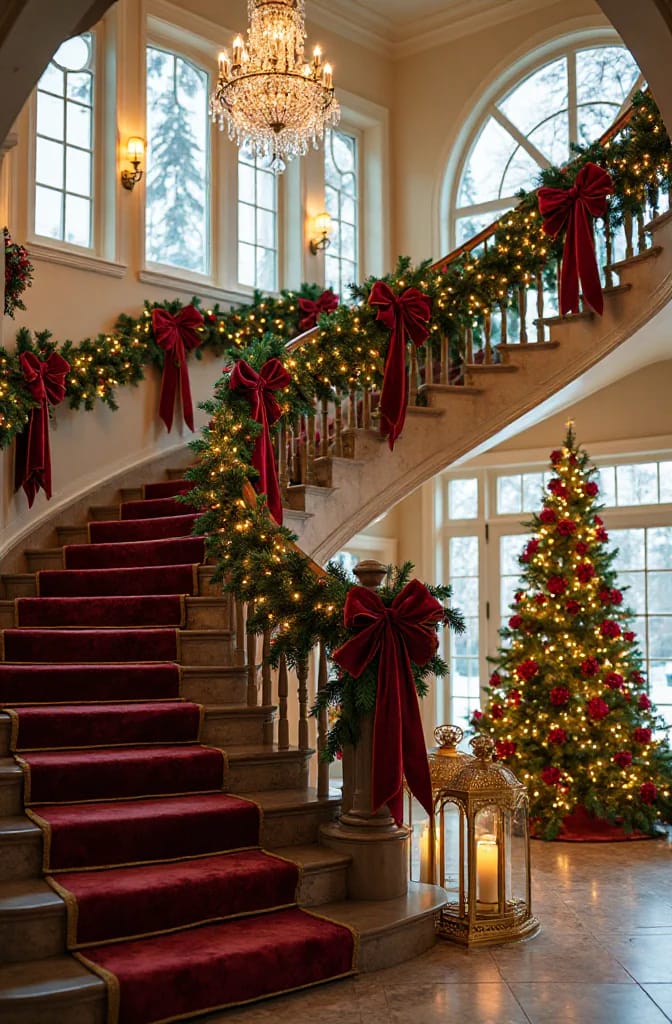 12 Christmas Garland Ideas for Staircases and Banisters That Don't Just Look Draped-On 16 A grand staircase decorated with lush Christmas garland and spaced oversized red bows along the banister, accompanied by a Christmas tree and candle lanterns, illustrating creative garland ideas for staircases and banisters.