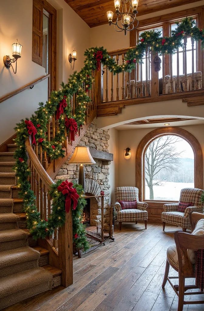 12 Christmas Garland Ideas for Staircases and Banisters That Don't Just Look Draped-On 17 A rustic staircase and banister decorated with lush Christmas garland and spaced oversized red bows, illustrating a festive garland idea for staircases as described in the article topic.