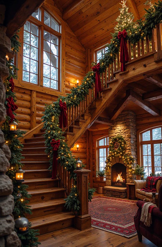 12 Christmas Garland Ideas for Staircases and Banisters That Don't Just Look Draped-On 18 A rustic wooden staircase decorated with lush Christmas garlands and spaced oversized red bows along the banister, illustrating festive Christmas garland ideas for staircases in a cozy living room with a lit fireplace.