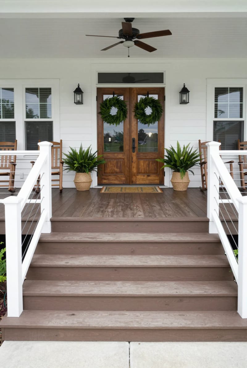 spacious porch with cable railing, double wood doors, and rocking chairs. 1