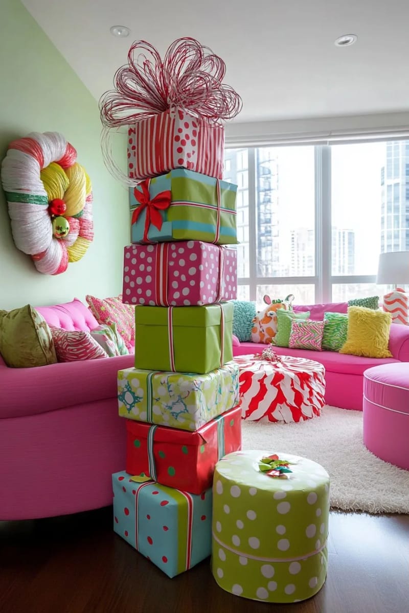 Whoville-Inspired Indoor Christmas Decorations That Skip the Generic Grinch Look 13 stack crooked, mismatched present towers in the corner 1