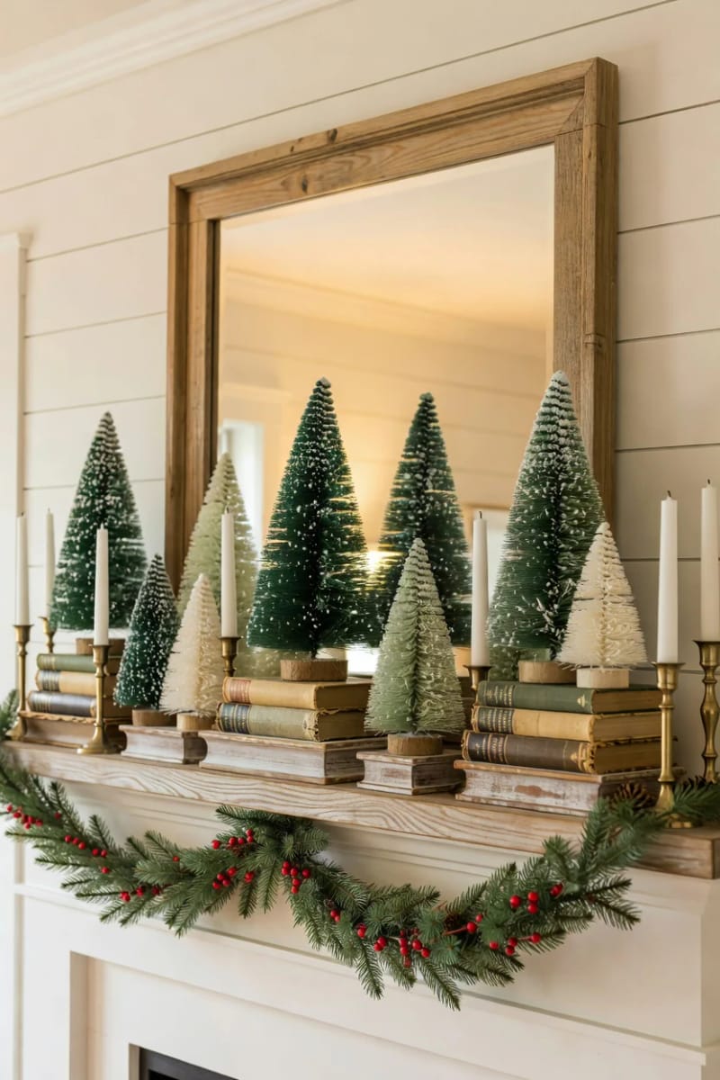 Farmhouse Christmas Mantel Decorating Ideas That Skip the Store-Bought Look 9 stagger bottlebrush trees on stacked books or a small riser 1