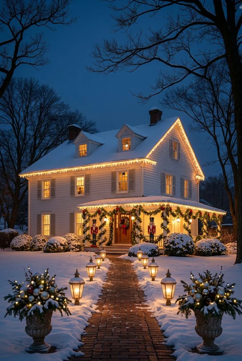 start at the roofline with c9 bulbs, because mini lights vanish from the street 1