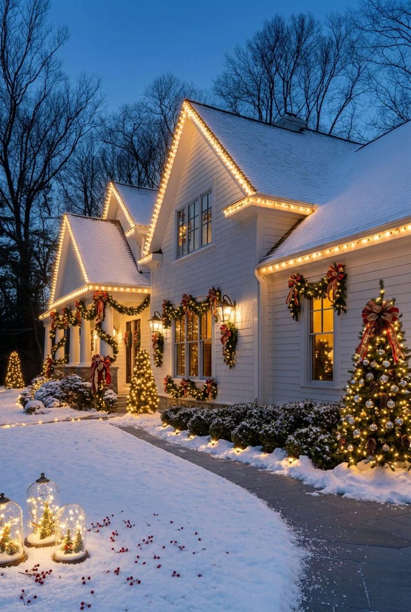 start at the roofline with c9 bulbs, because mini lights vanish from the street 1