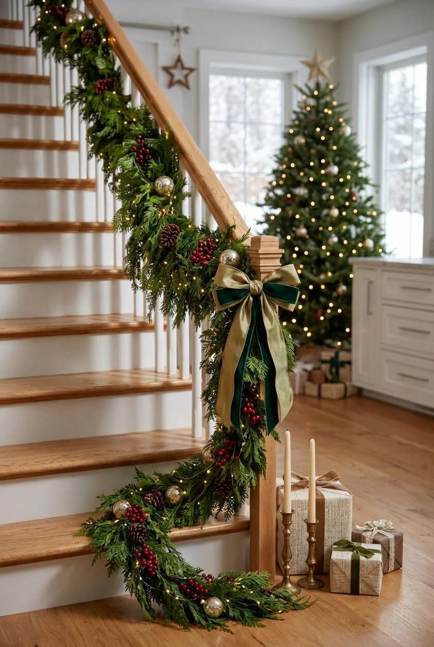 start with a full cedar garland and drape it in deep, even swags 1