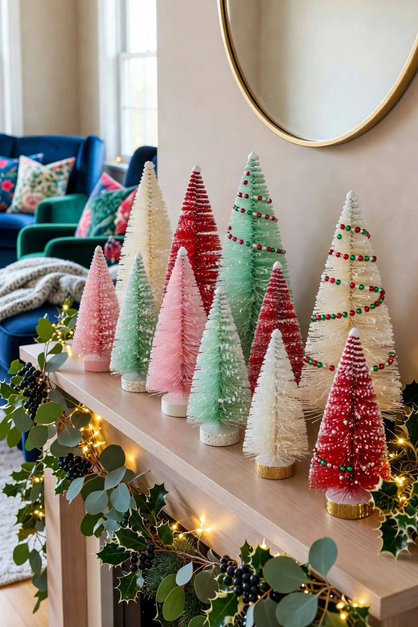Whimsical Christmas Living Room Decor, Minus the Restraint 3 A collection of colorful bottle brush Christmas trees in pastel and red tones arranged on a mantel, surrounded by festive greenery and string lights, illustrating whimsical Christmas living room decor.
