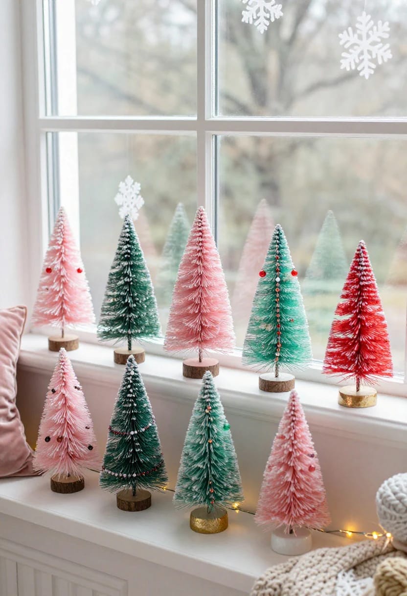 Whimsical Christmas Living Room Decor, Minus the Restraint 5 A collection of pink, green, and red bottle brush Christmas trees arranged on a windowsill in a living room, with whimsical Christmas decor and snowflake window clings visible in the background.
