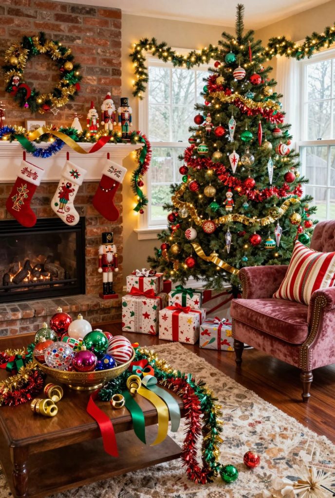 A living room decorated for Christmas with a whimsical touch, featuring a brightly adorned Christmas tree with colorful ornaments and garlands, wrapped presents underneath, a fireplace with stockings and nutcrackers, a wreath, and a coffee table with baubles and tinsel, illustrating festive living room decor.