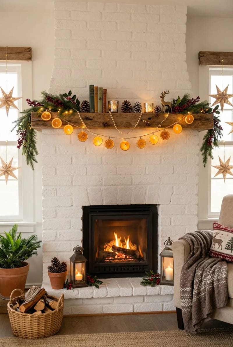 Farmhouse Christmas Mantel Decorating Ideas That Skip the Store-Bought Look 5 string a dried orange garland when the neutrals need warmth without red 1