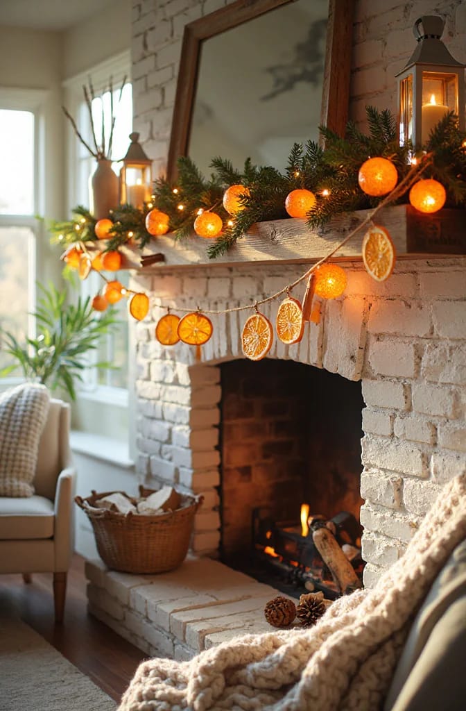 Farmhouse Christmas Mantel Decorating Ideas That Skip the Store-Bought Look 6 string a dried orange garland when the neutrals need warmth without red 1