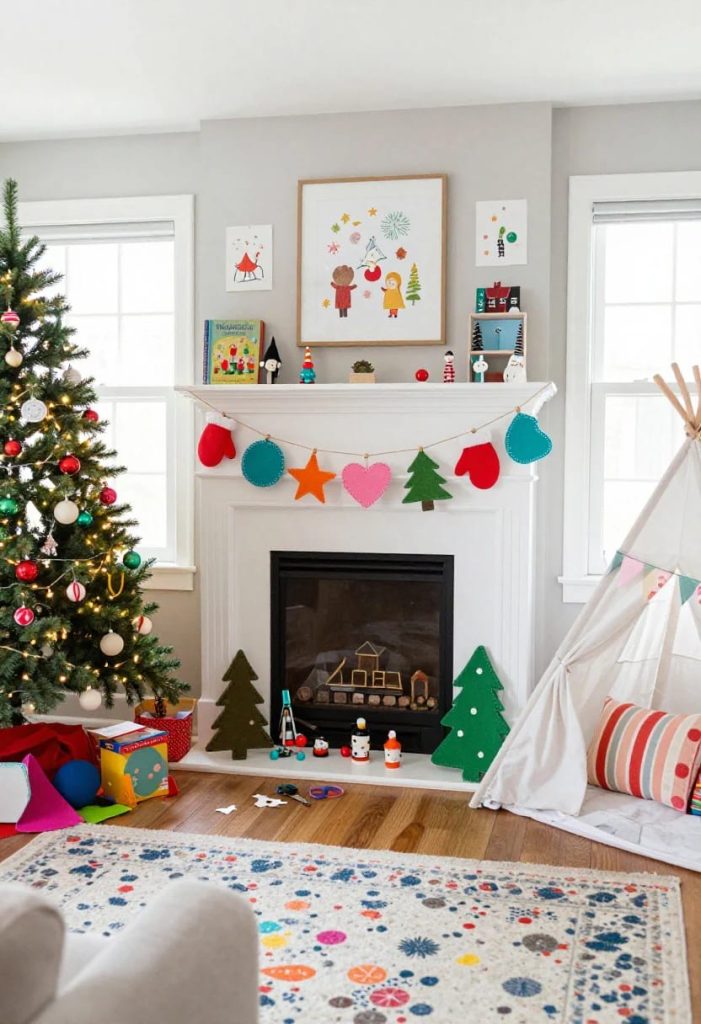 A living room decorated with colorful, whimsical Christmas decor for kids, featuring a Christmas tree with ornaments, a felt ornament garland on the fireplace, playful holiday figurines, and a cozy children's teepee with festive pillows.