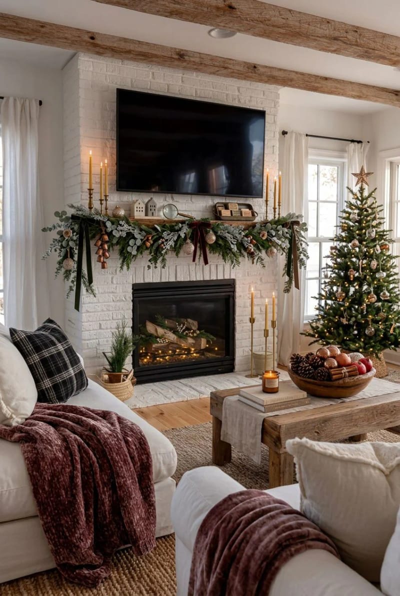 Farmhouse Christmas Mantel Decorating Ideas That Skip the Store-Bought Look 13 style around the tv above the mantel instead of hiding it 1