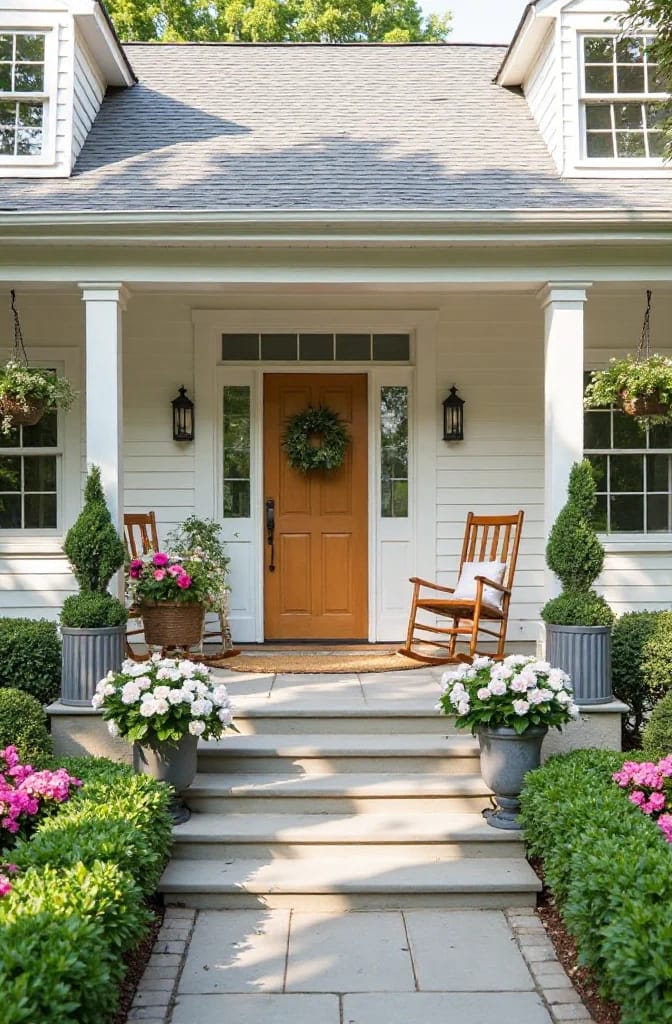 suburban house with eight front porch design variations and lush landscaping. 1