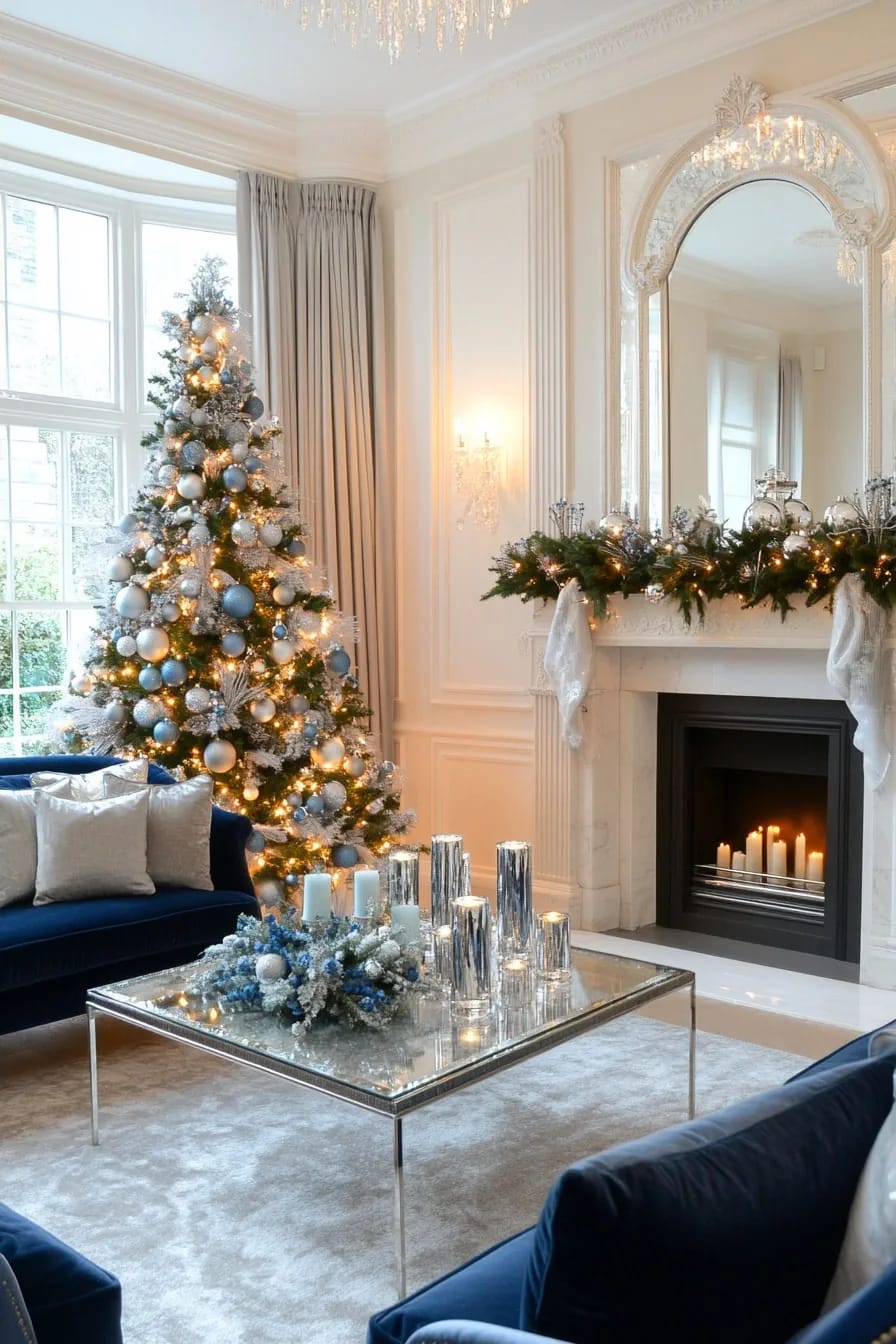 Blue and Silver Christmas Decor Ideas for the Living Room That Don't Read as Cold 14 swap a third of the silver baubles for steel-blue dried stems 1