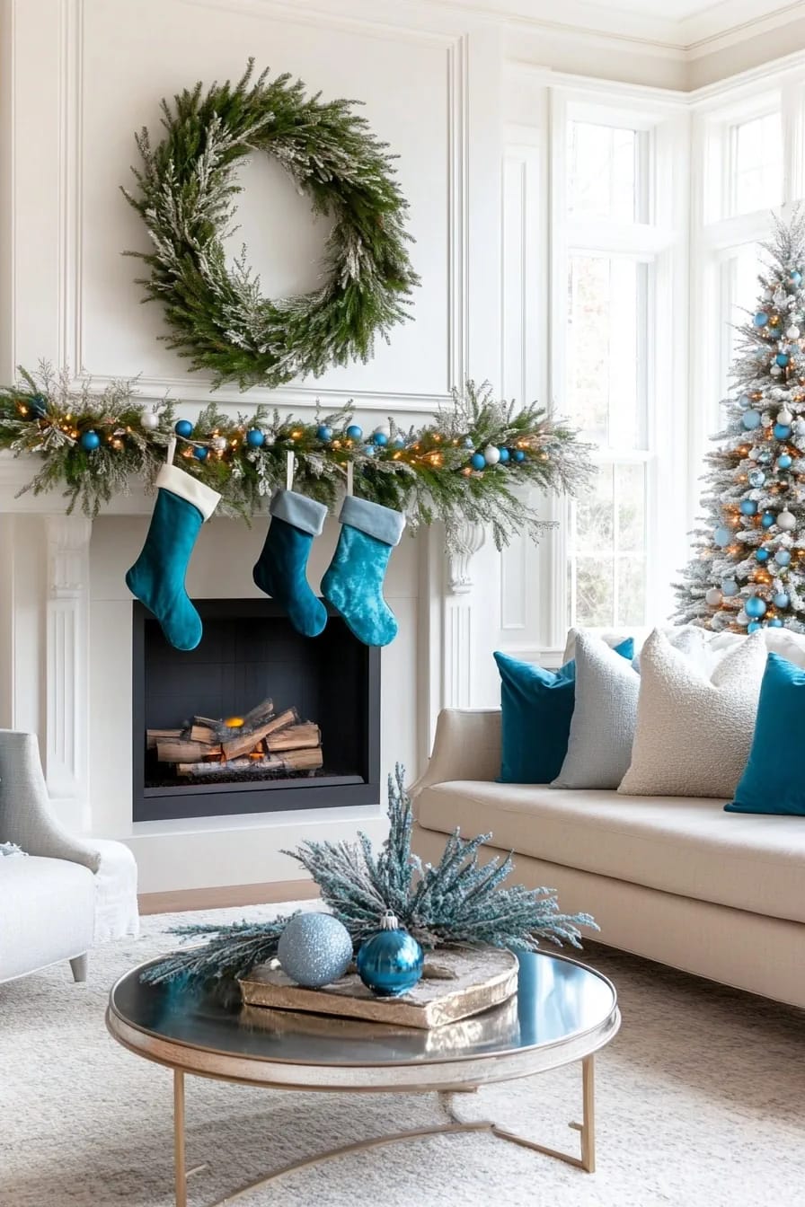 Blue and Silver Christmas Decor Ideas for the Living Room That Don't Read as Cold 15 swap a third of the silver baubles for steel-blue dried stems 1