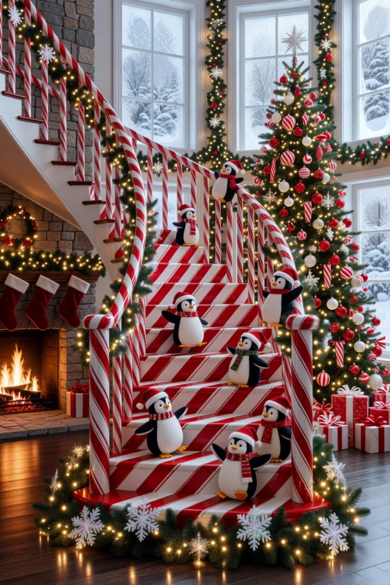 Sliding Penguins on the Banister: Christmas Staircase Ideas That Hold Up 13 swap the snow for a candy-cane rail 1