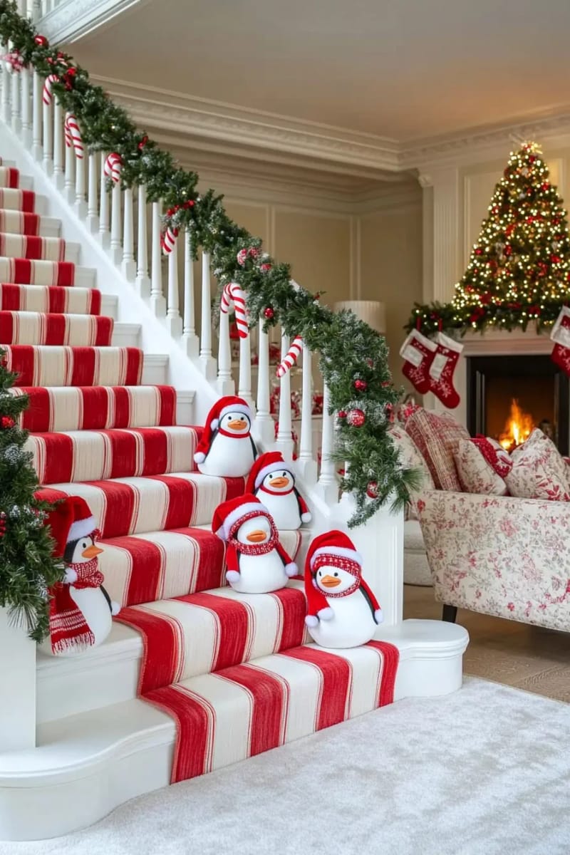 Sliding Penguins on the Banister: Christmas Staircase Ideas That Hold Up 14 swap the snow for a candy-cane rail 1