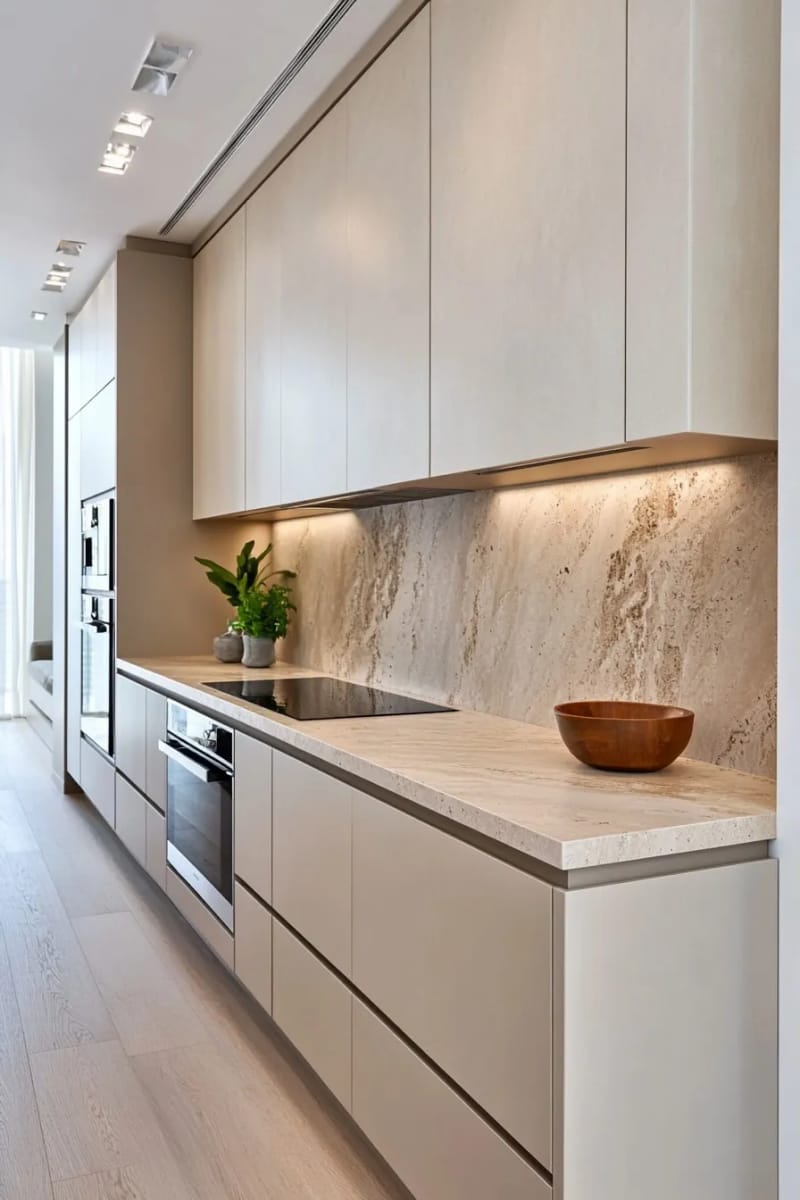 11 Beige Kitchen Ideas That Don't Read Builder-Grade 9 take a travertine backsplash all the way to the uppers 8