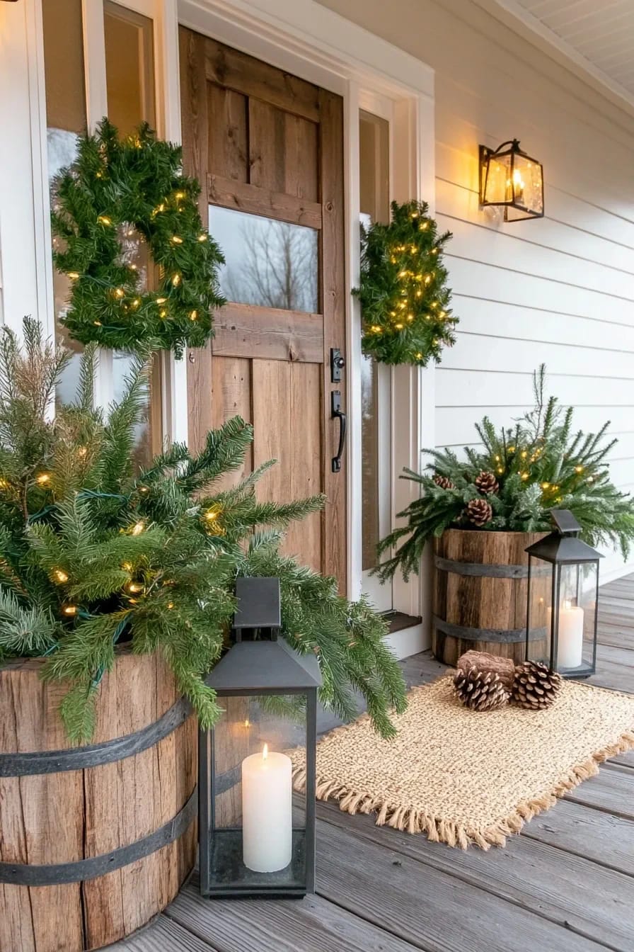 take the dark evergreens and raw planters out to the porch 1