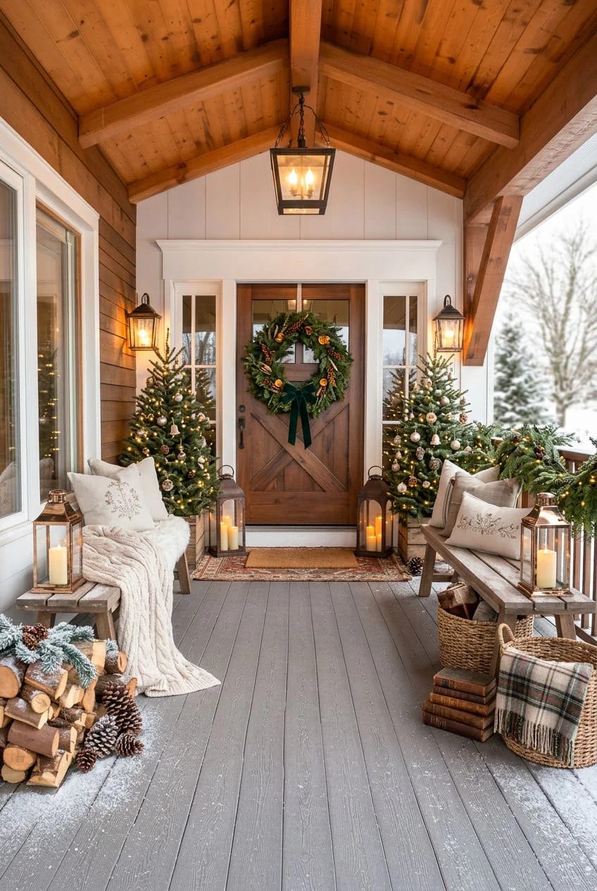 take the dark evergreens and raw planters out to the porch 1